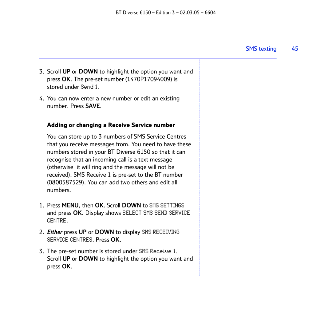 BT 6150 manual SMS texting 