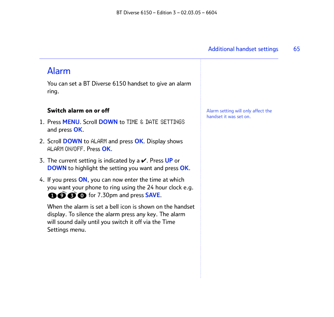 BT 6150 manual Alarm ON/OFF. Press OK 