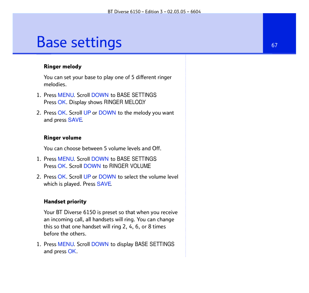 BT 6150 manual Base settings 