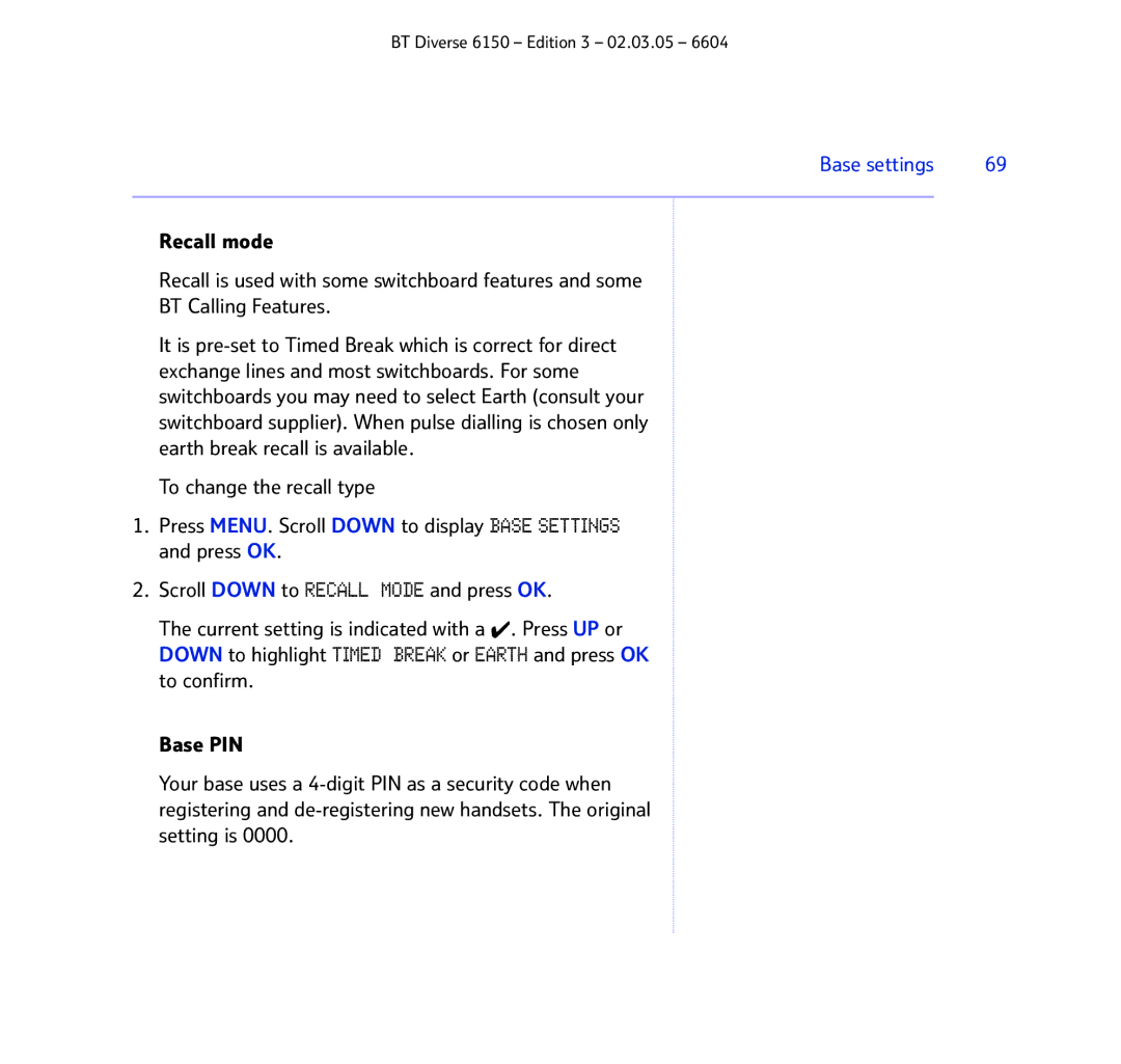 BT 6150 manual Base settings 