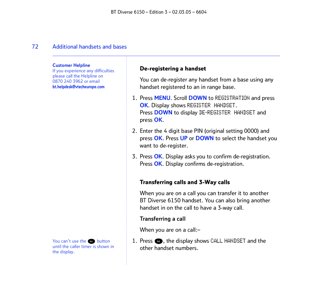 BT 6150 manual De-registering a handset, Transferring calls and 3-Way calls 