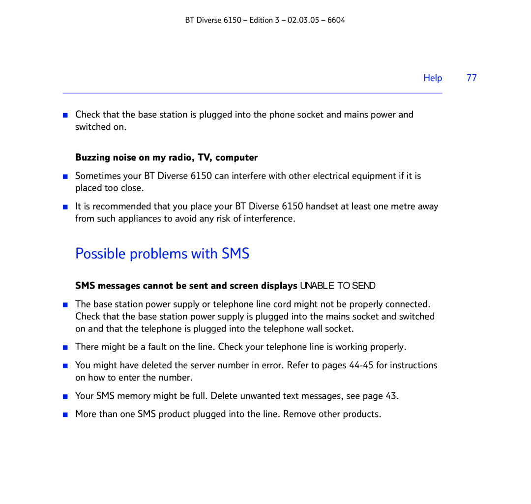 BT 6150 manual Possible problems with SMS 