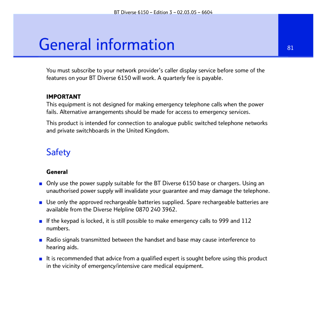 BT 6150 manual General information, Safety 