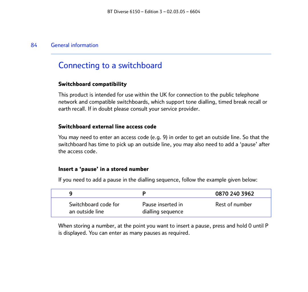 BT 6150 manual Connecting to a switchboard, Switchboard compatibility 