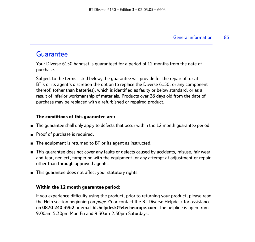 BT 6150 manual Guarantee 