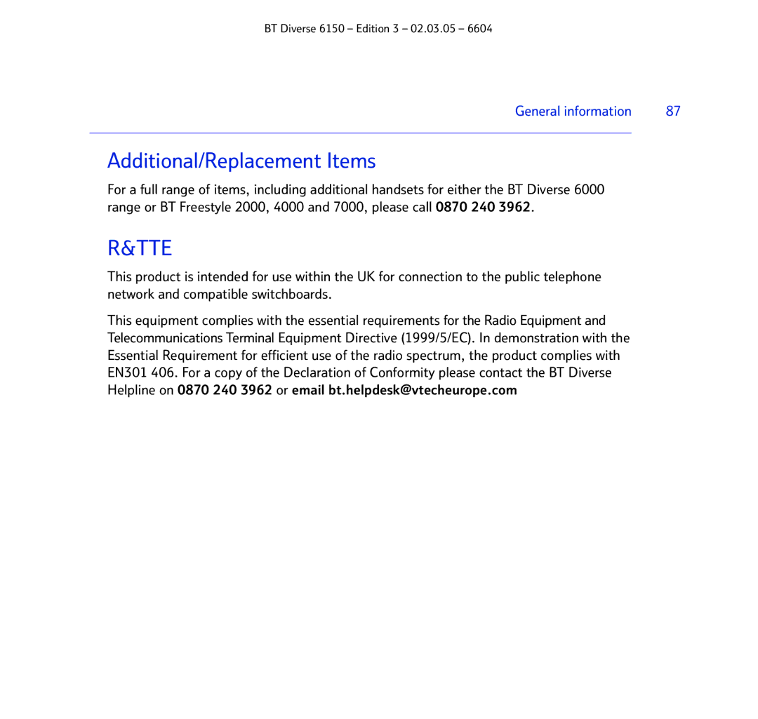 BT 6150 manual Additional/Replacement Items, Tte 