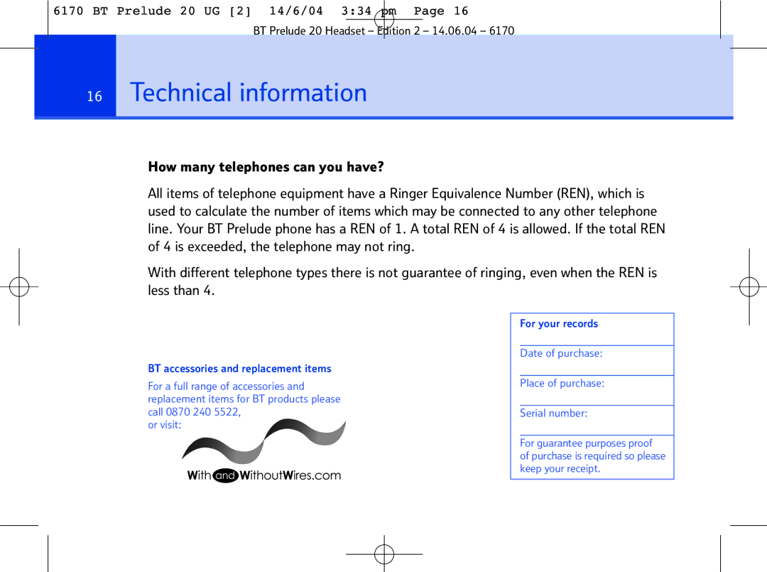 BT 6170 manual Technical information 