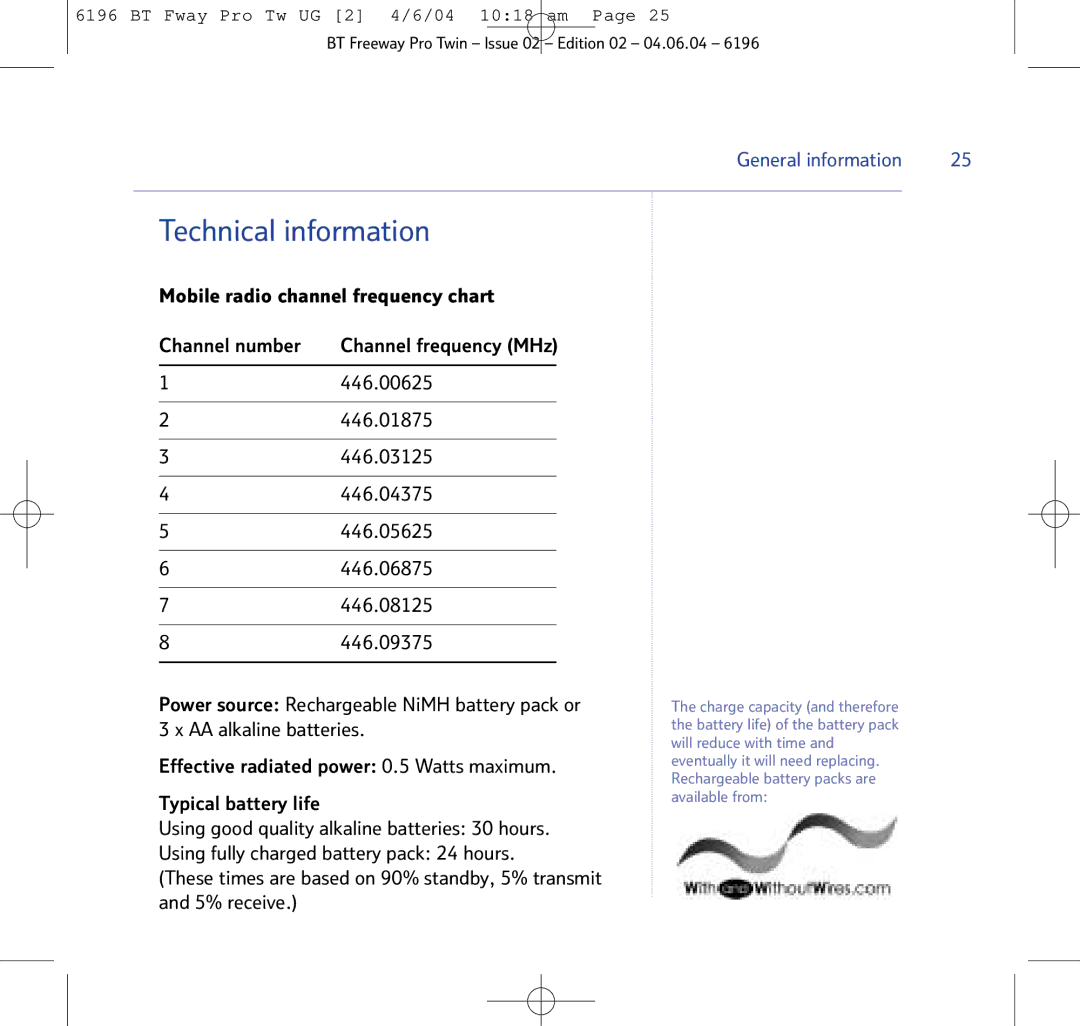 BT 6196 manual Technical information, Mobile radio channel frequency chart Channel number 