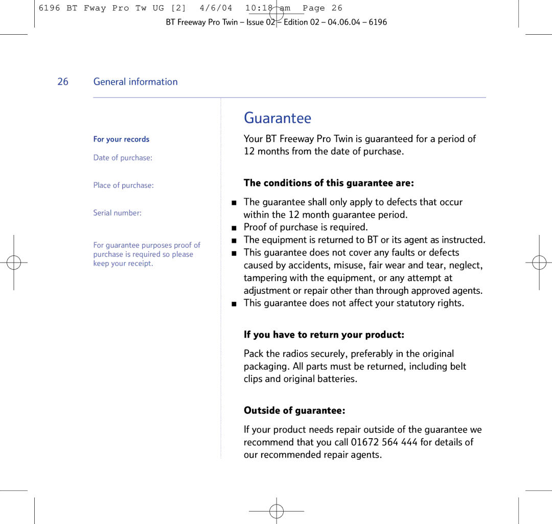 BT 6196 manual Guarantee 