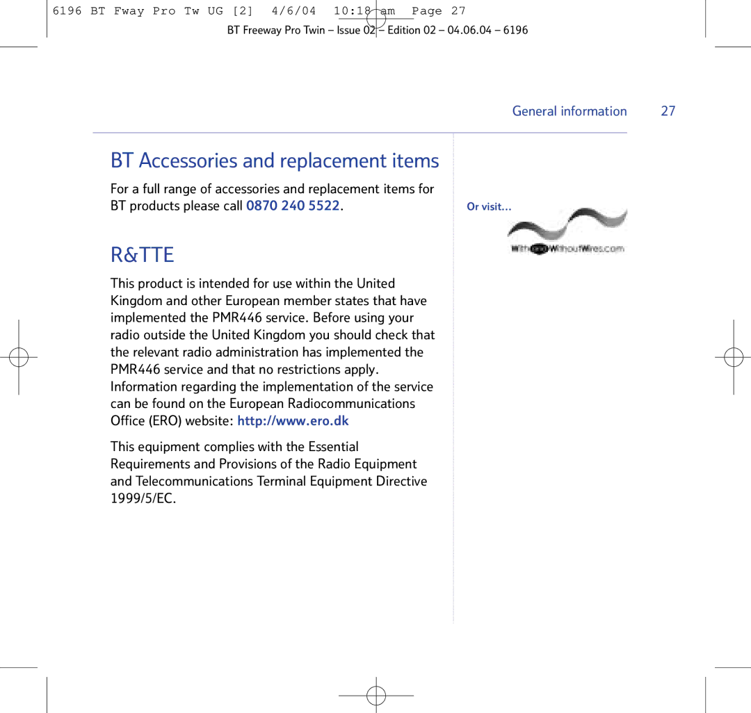 BT 6196 manual BT Accessories and replacement items, BT products please call 0870 240 