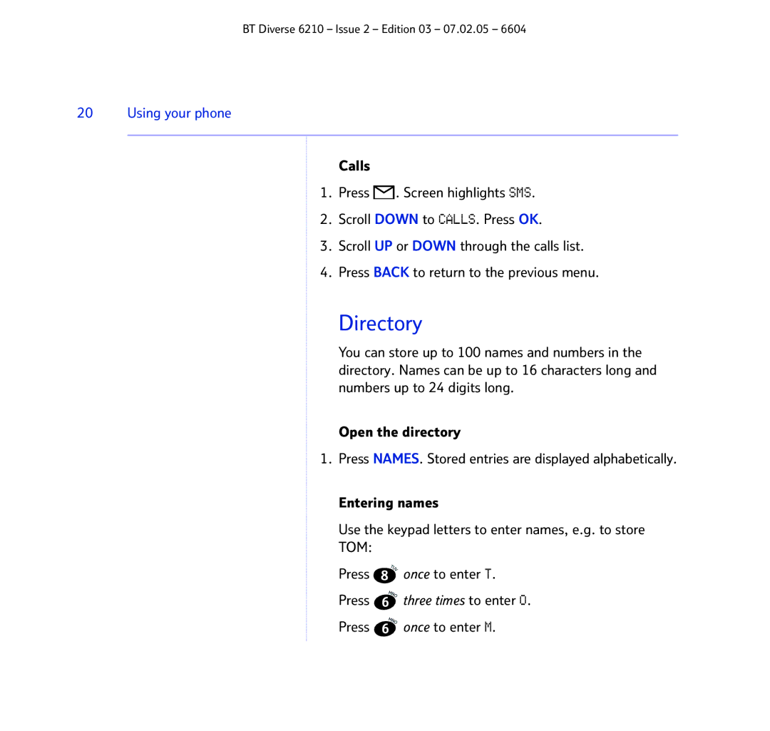 BT 6210 manual Directory 