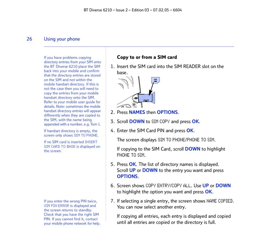 BT 6210 manual Copy to or from a SIM card, If copying to the SIM Card, scroll Down to highlight 