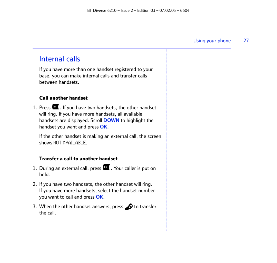 BT 6210 manual Internal calls 