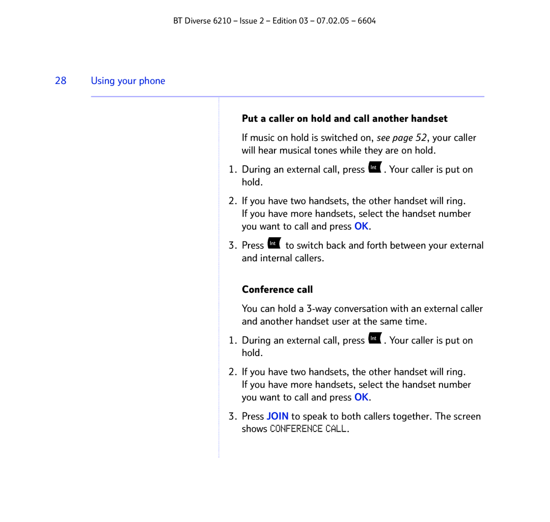 BT 6210 manual Put a caller on hold and call another handset 