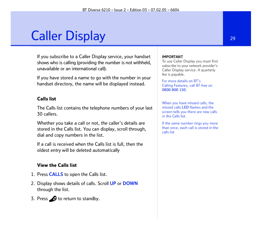 BT 6210 manual Caller Display 