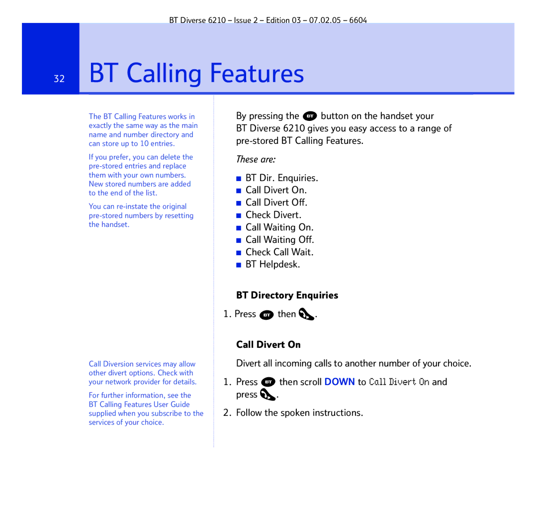 BT 6210 manual BT Calling Features 