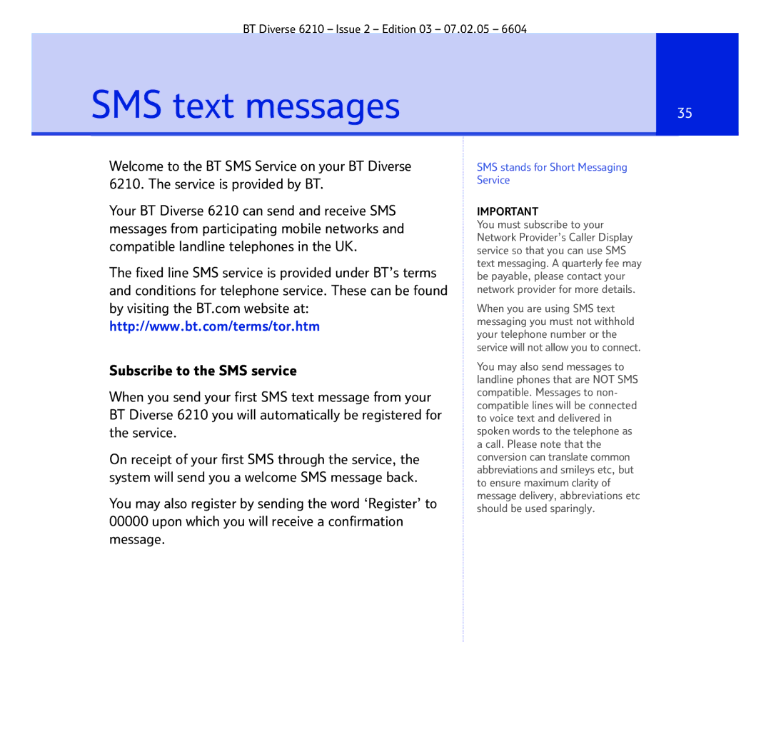 BT 6210 manual SMS text messages, SMS stands for Short Messaging Service 
