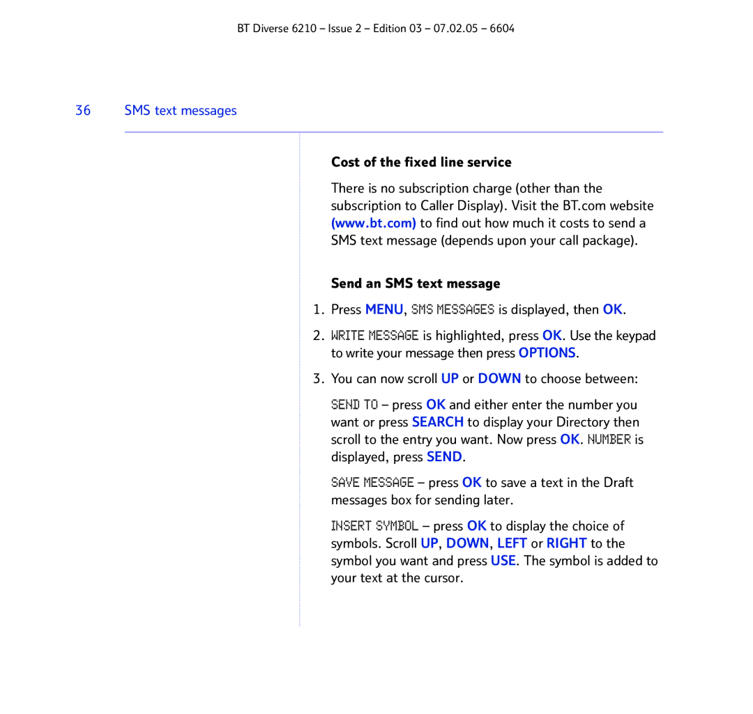 BT 6210 manual SMS text messages, You can now scroll UP or Down to choose between 