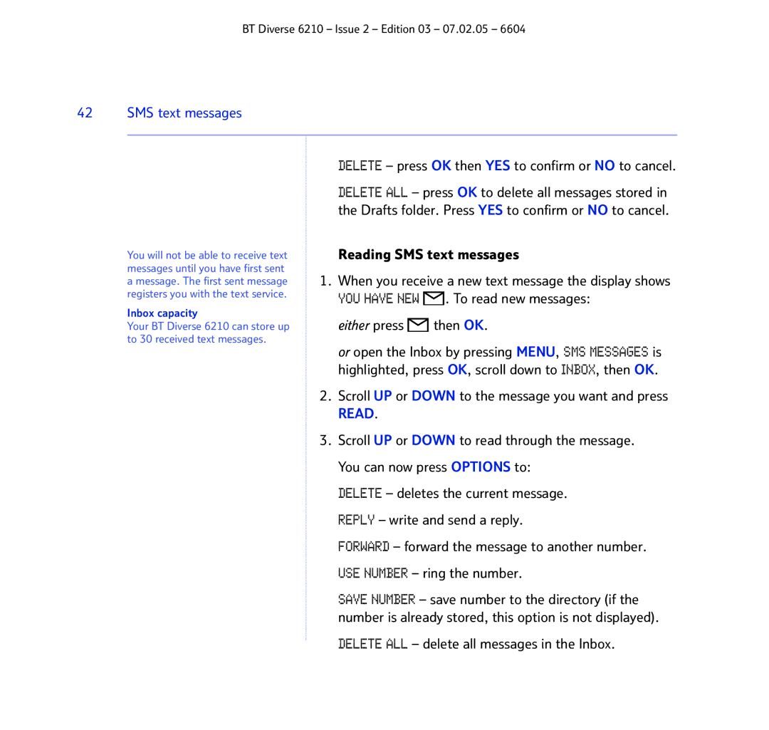 BT 6210 Reading SMS text messages, To read new messages, Either press then OK, Delete ALL delete all messages in the Inbox 