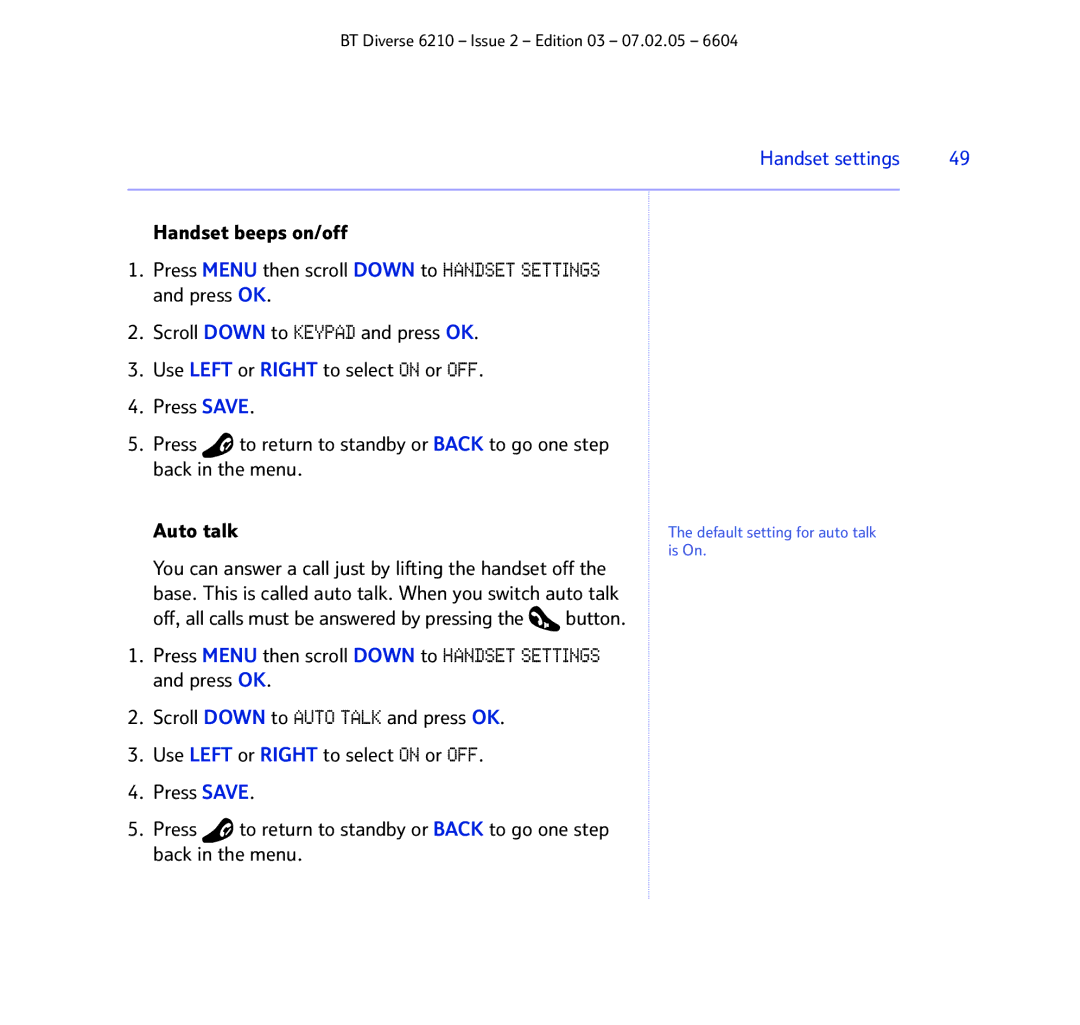 BT 6210 manual Handset settings 