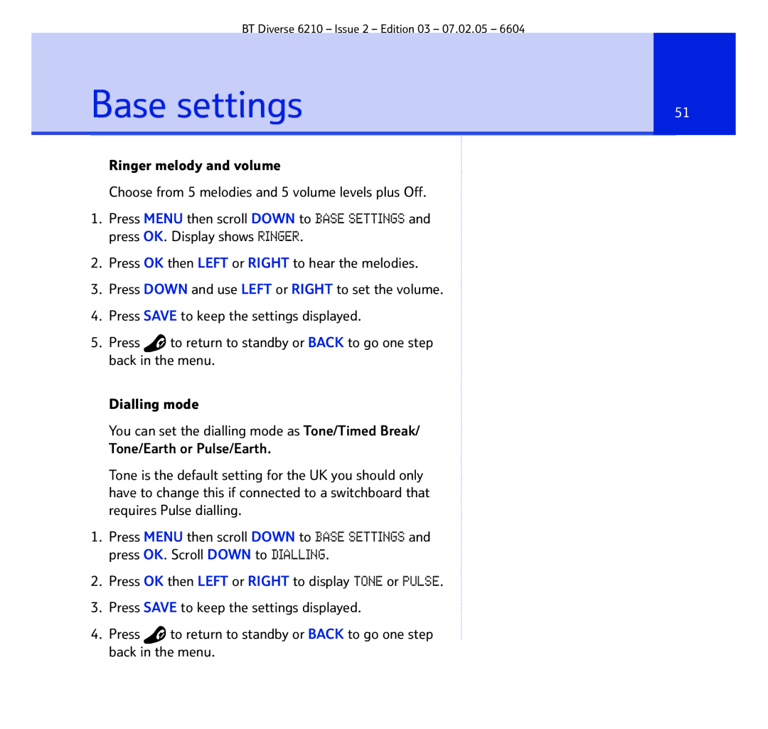 BT 6210 manual Base settings 