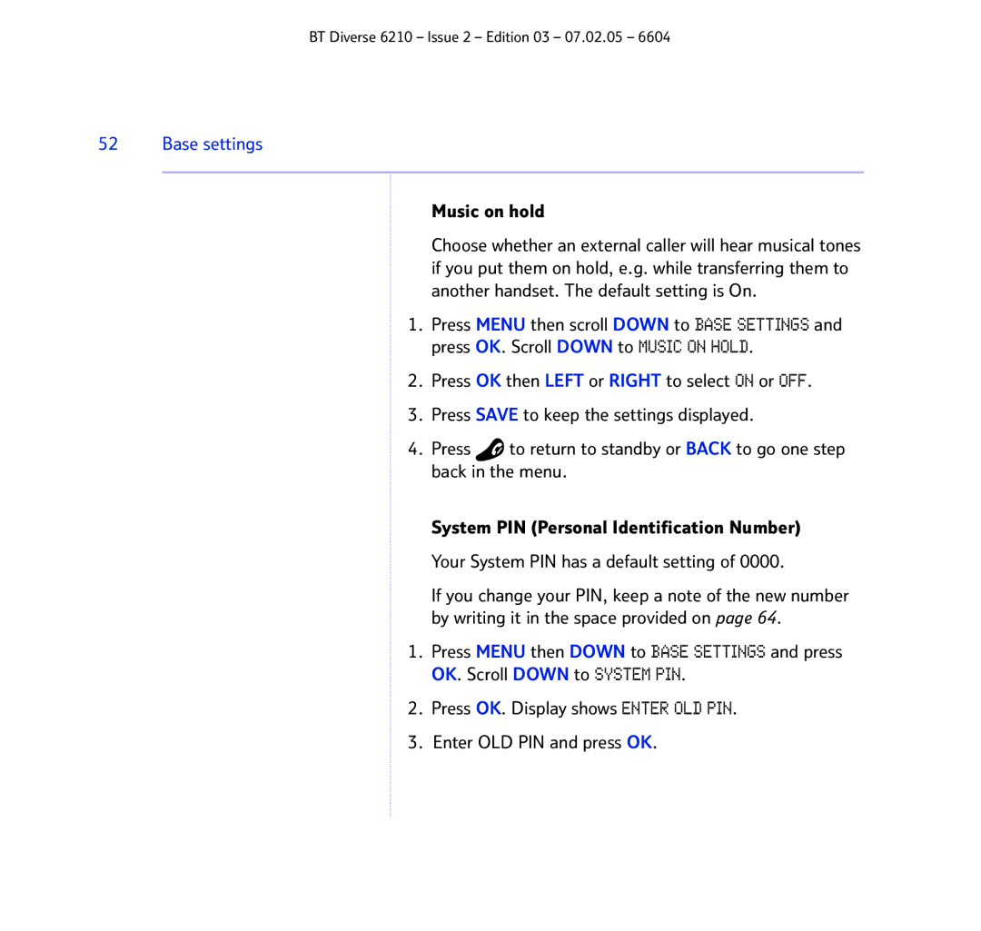 BT 6210 manual Base settings, Music on hold 