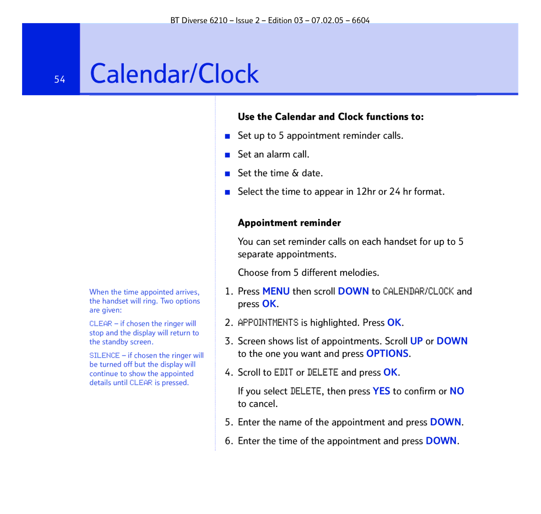 BT 6210 manual Calendar/ClockSection 