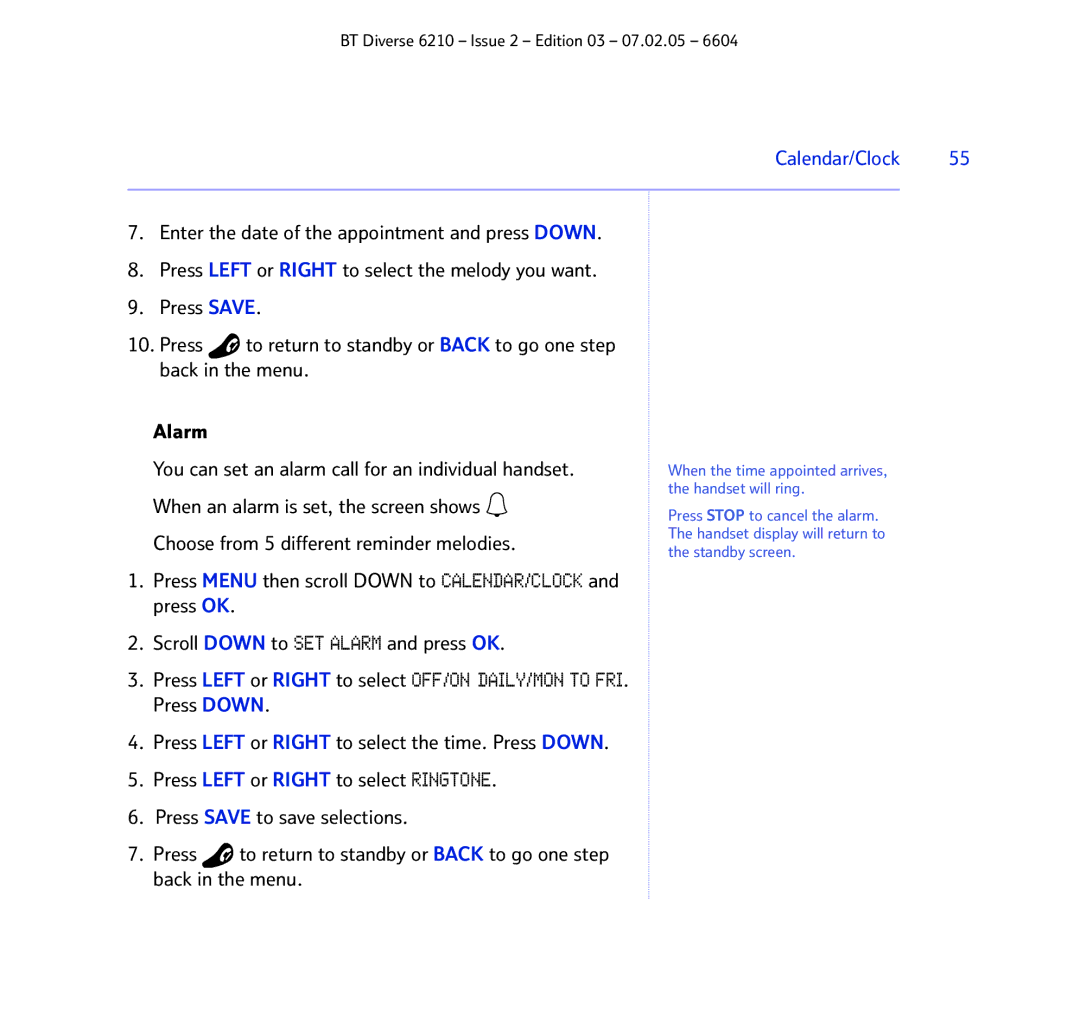 BT 6210 manual Calendar/Clock, When the time appointed arrives, the handset will ring 