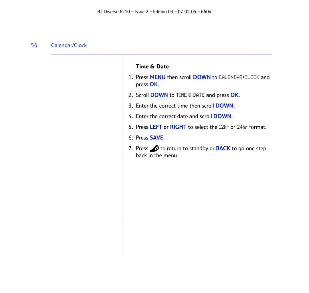 BT 6210 manual Calendar/Clock 