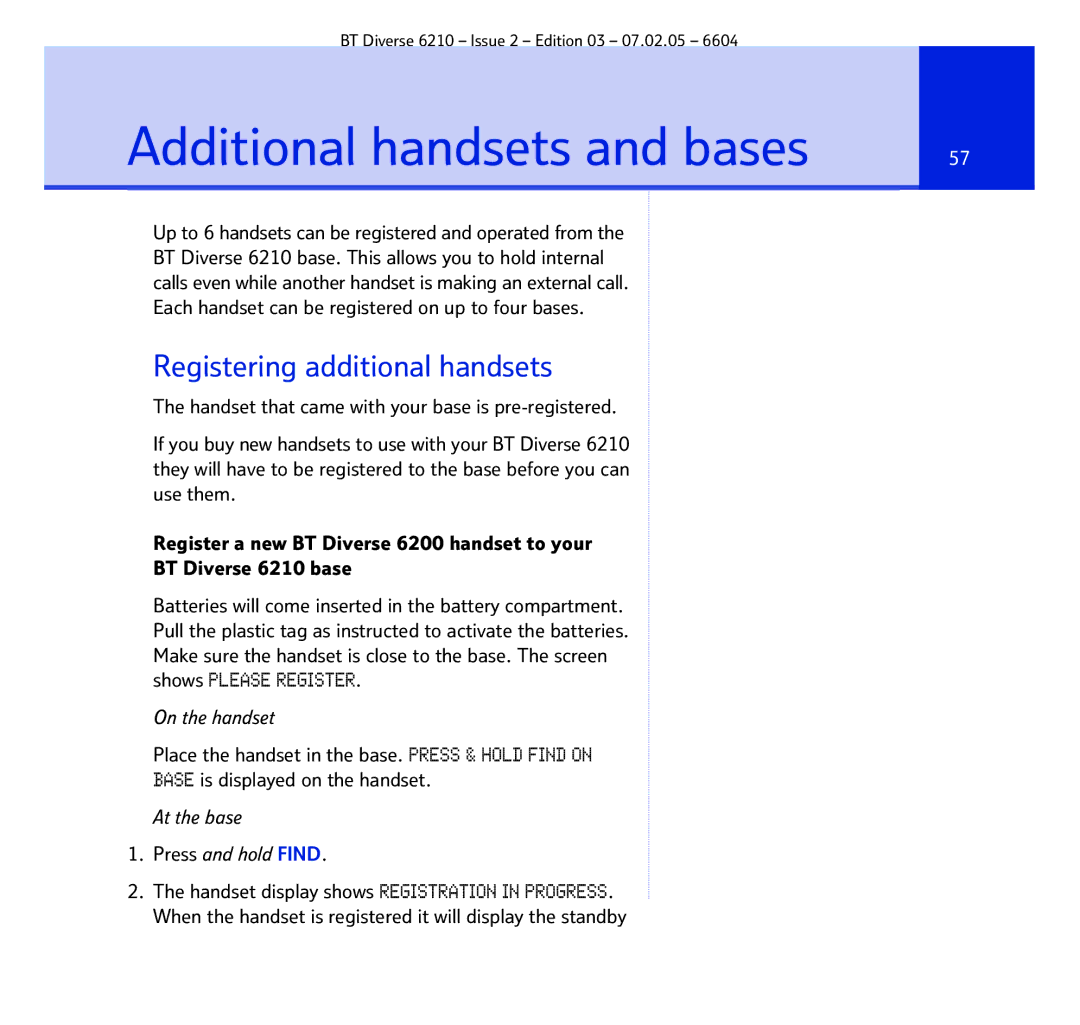 BT 6210 manual Additional handsets and bases, Registering additional handsets 