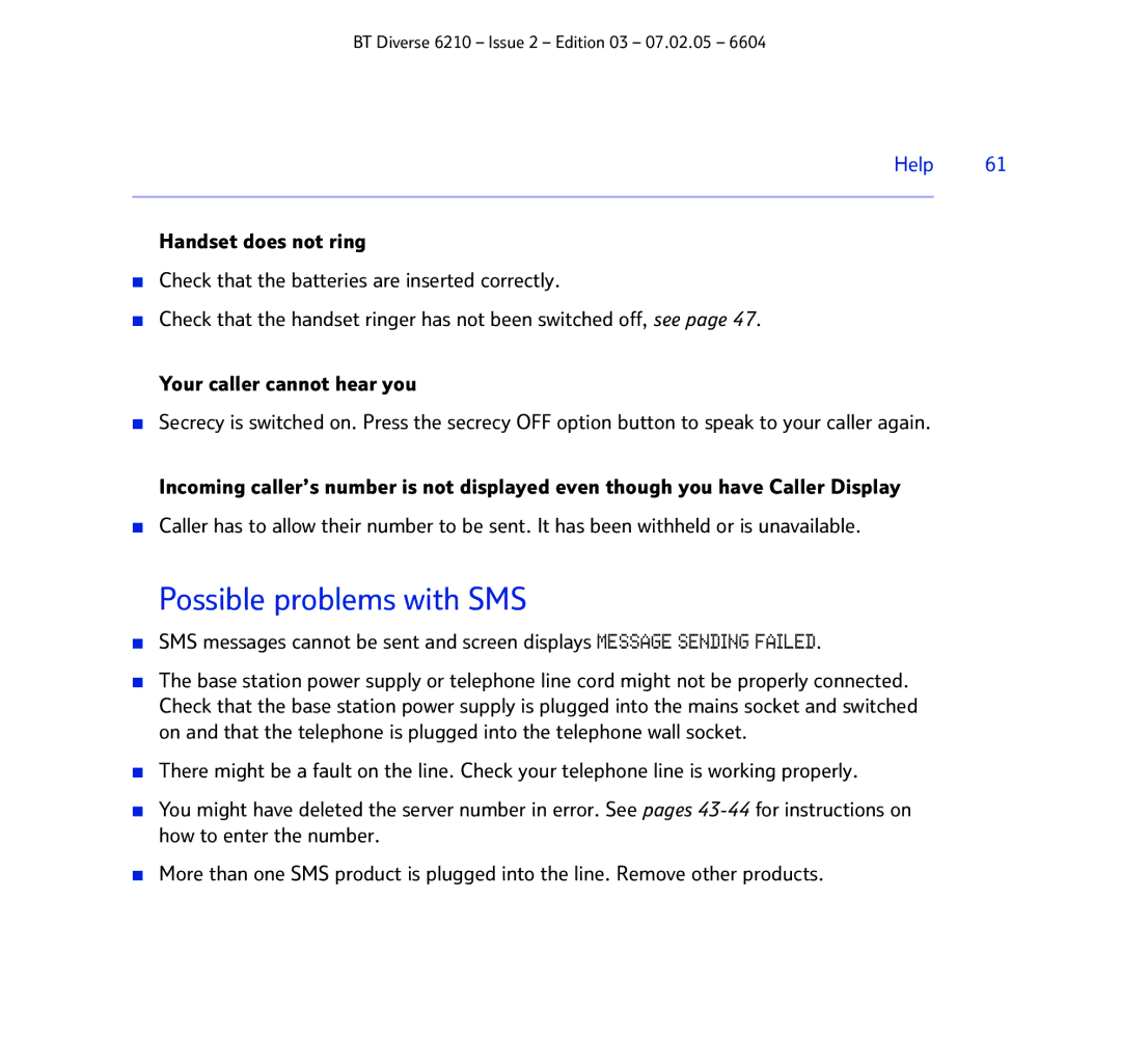 BT 6210 manual Possible problems with SMS, Help 