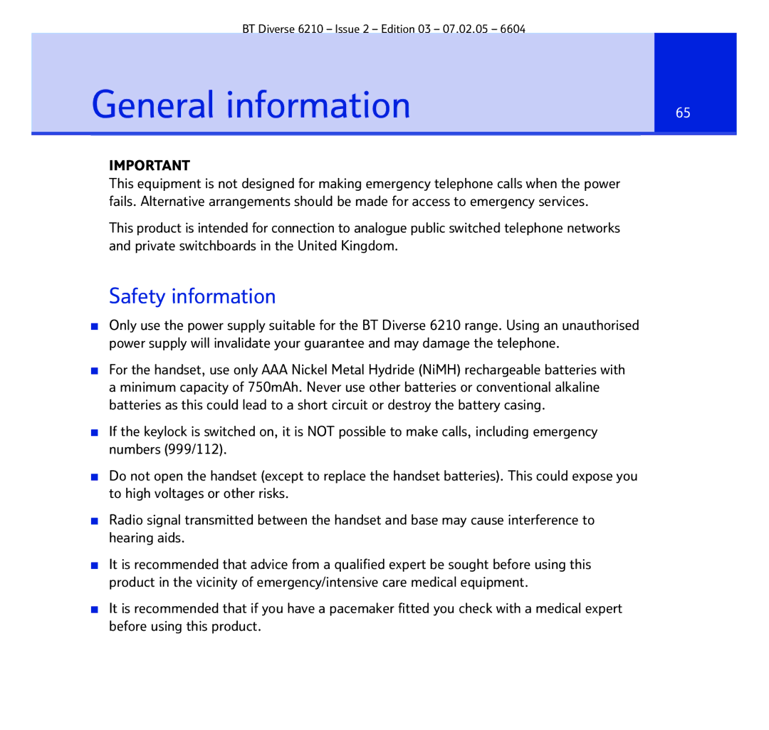 BT 6210 manual General information, Safety information 