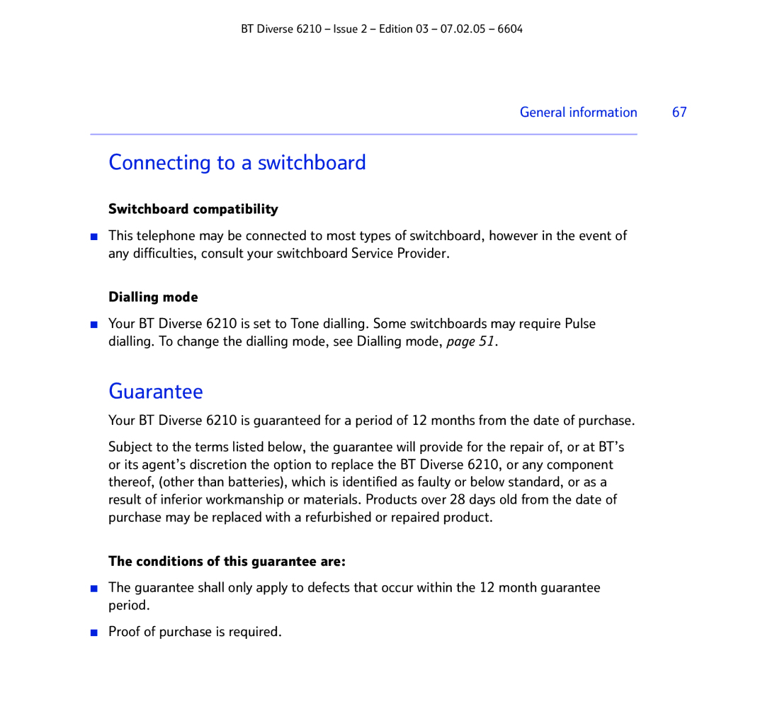 BT 6210 manual Connecting to a switchboard, Guarantee 