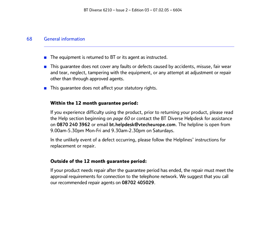 BT 6210 manual General information 