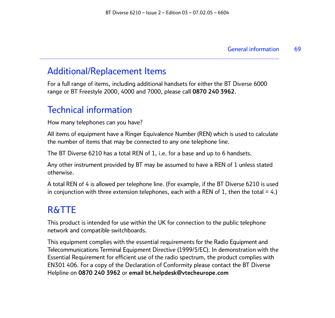 BT 6210 manual Additional/Replacement Items, Technical information 