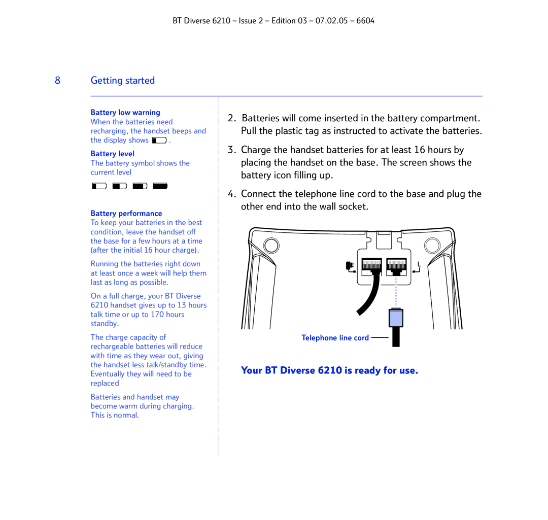 BT manual Getting started, Your BT Diverse 6210 is ready for use 