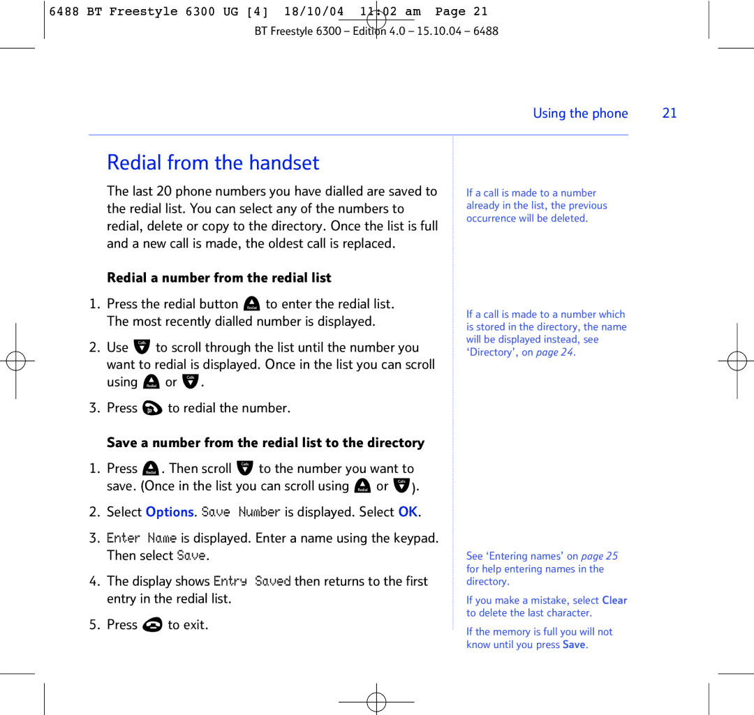 BT 6300 manual Redial from the handset, Redial a number from the redial list 