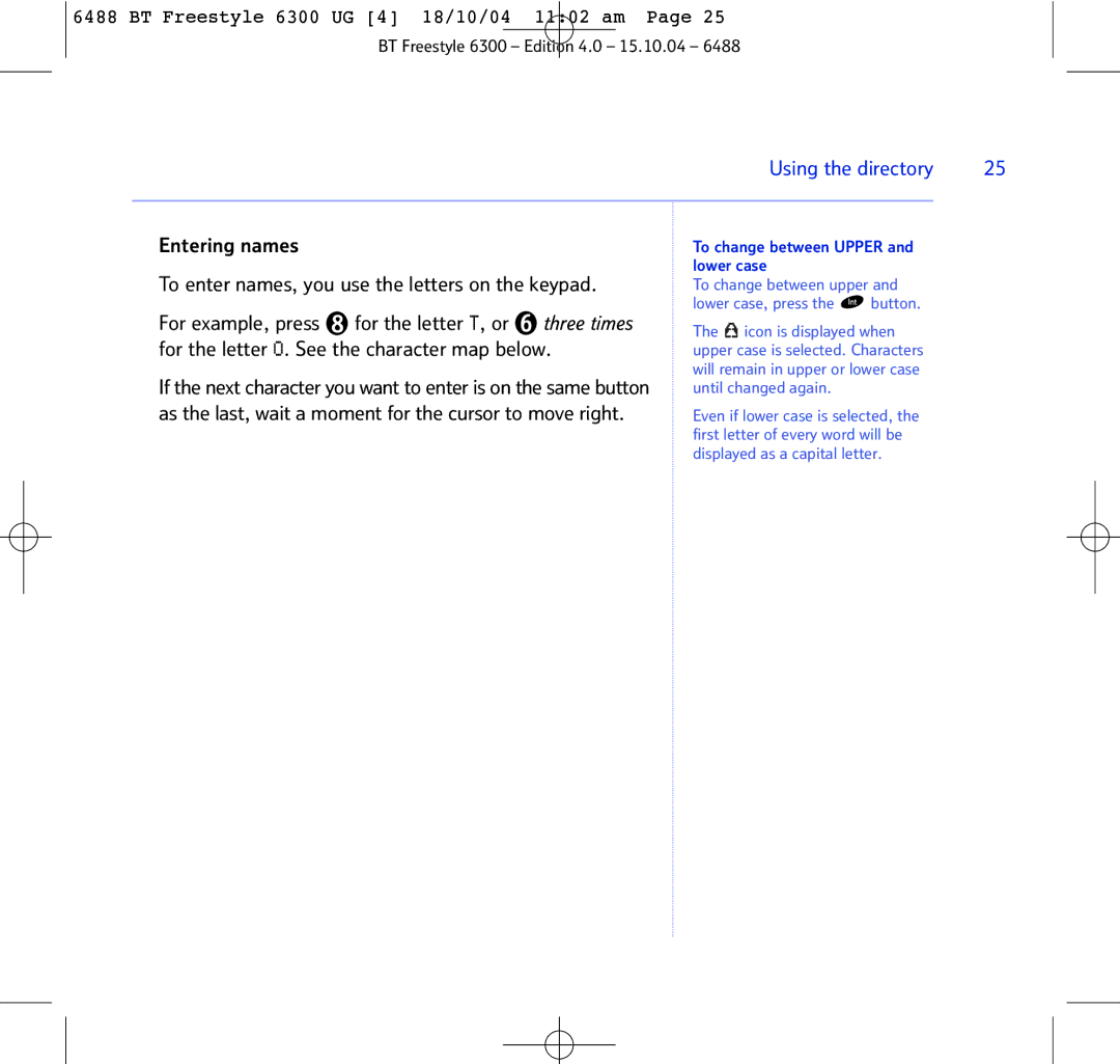 BT 6300 manual To change between Upper, Lower case 