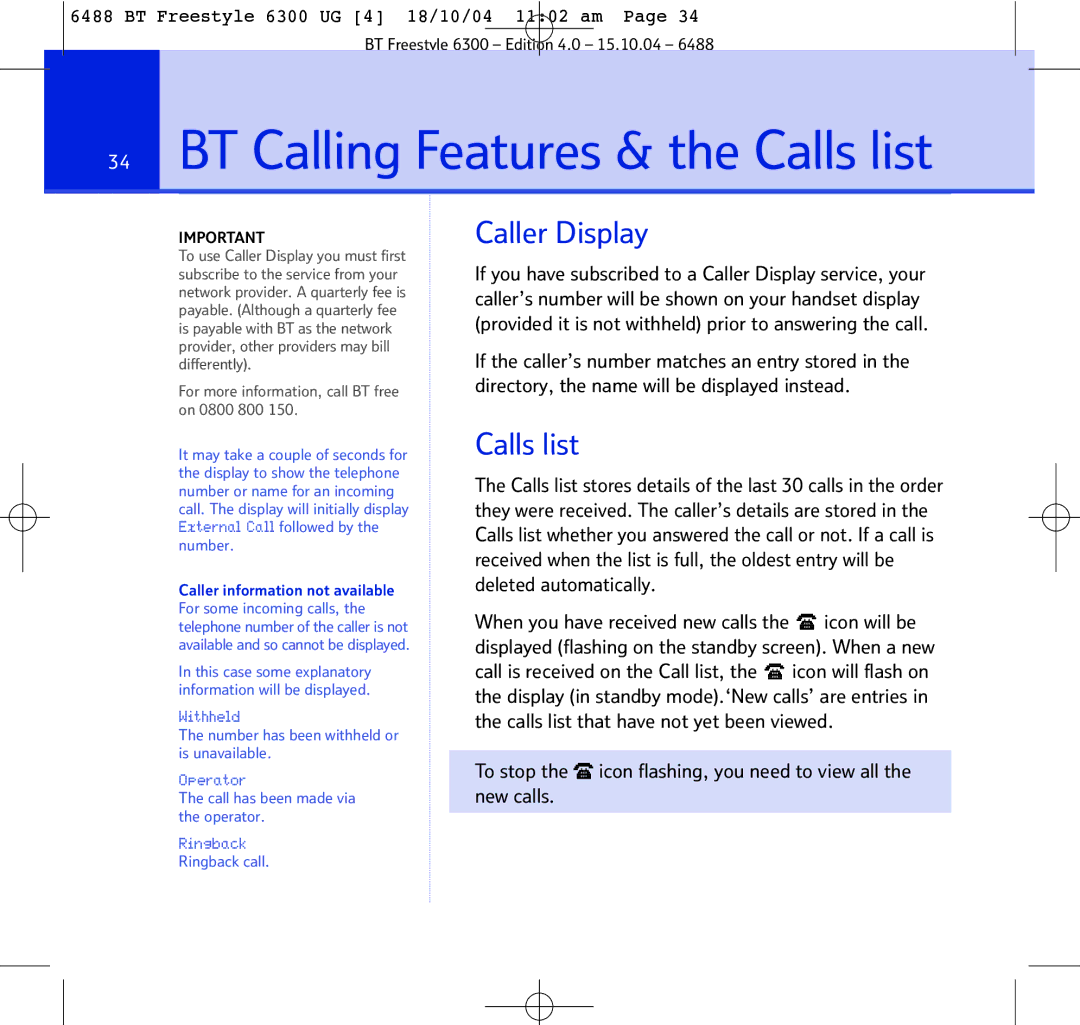 BT 6300 manual Caller Display, Calls list 