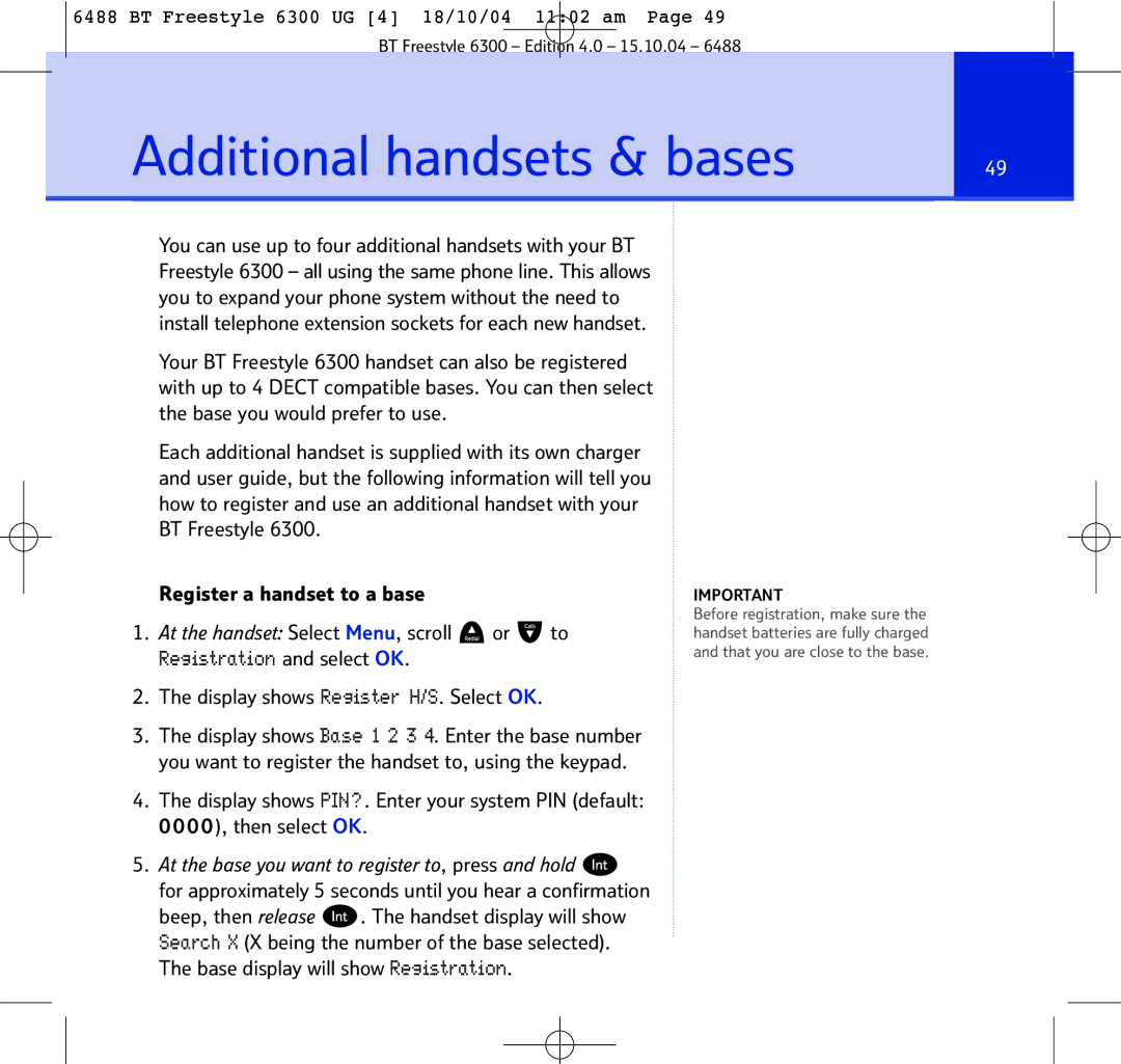 BT 6300 manual Additional handsets & bases, Display shows Register H/S. Select OK 