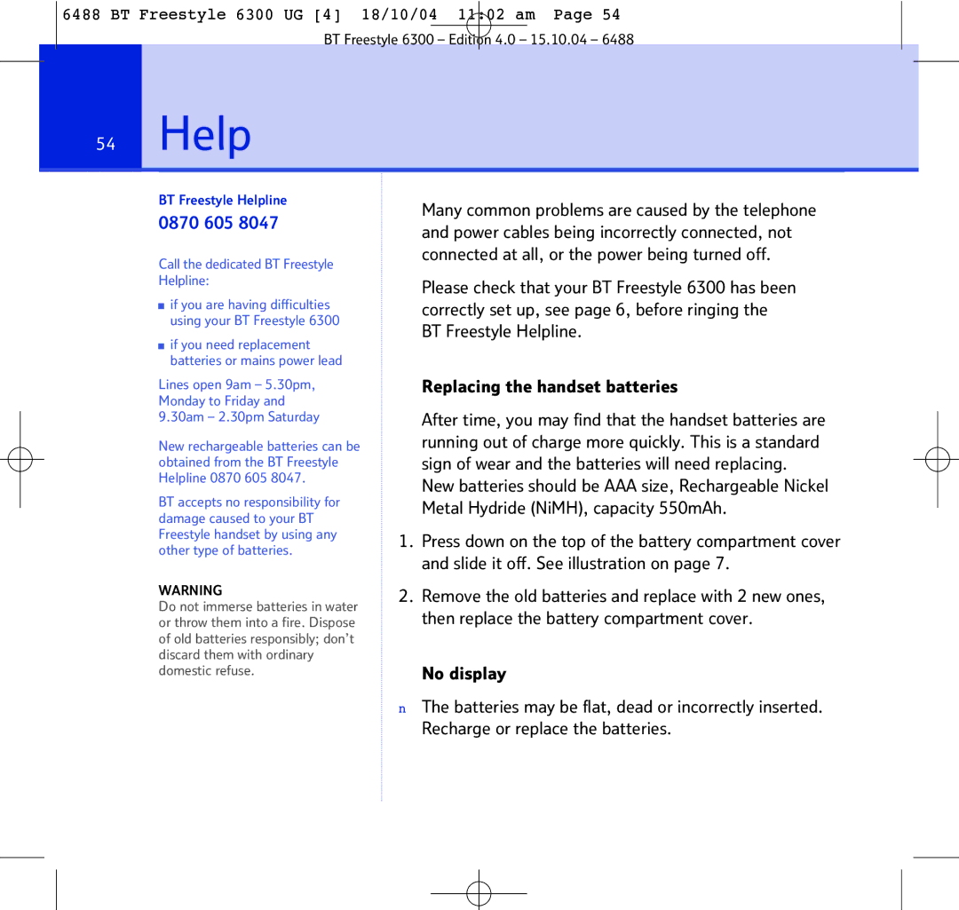 BT 6300 manual BT Freestyle Helpline 