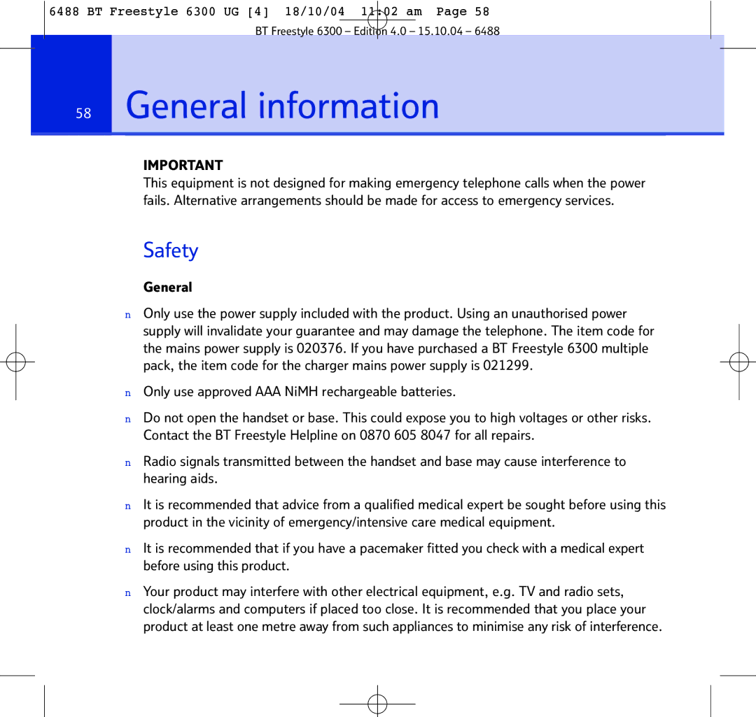 BT 6300 manual General information, Safety 