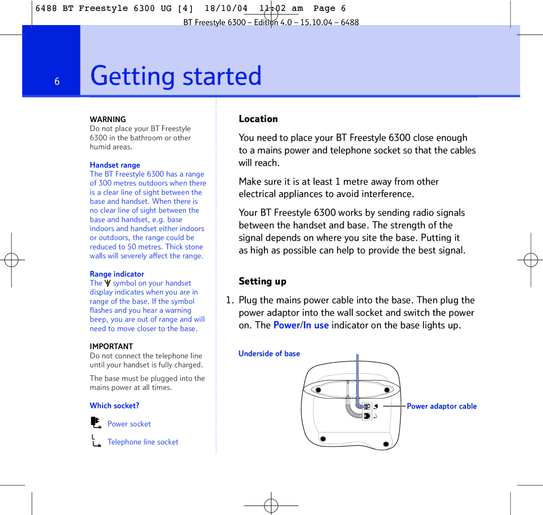 BT 6300 manual Getting started, Setting up 