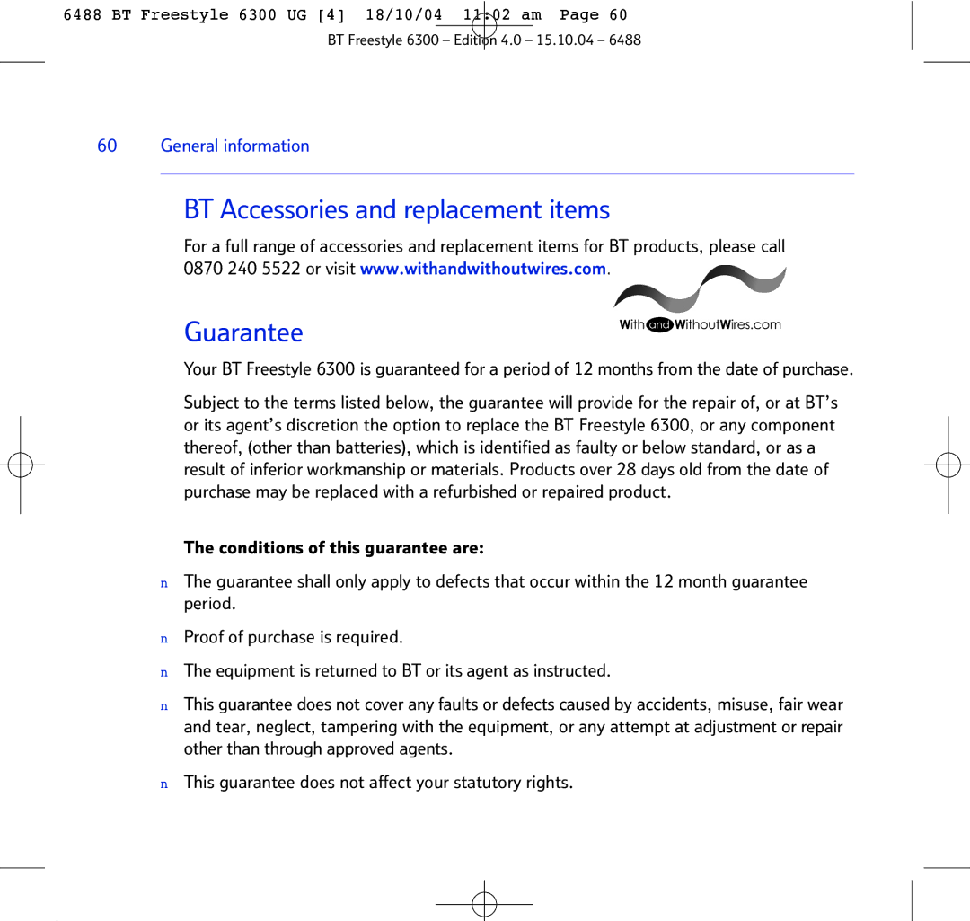 BT 6300 manual BT Accessories and replacement items Guarantee 