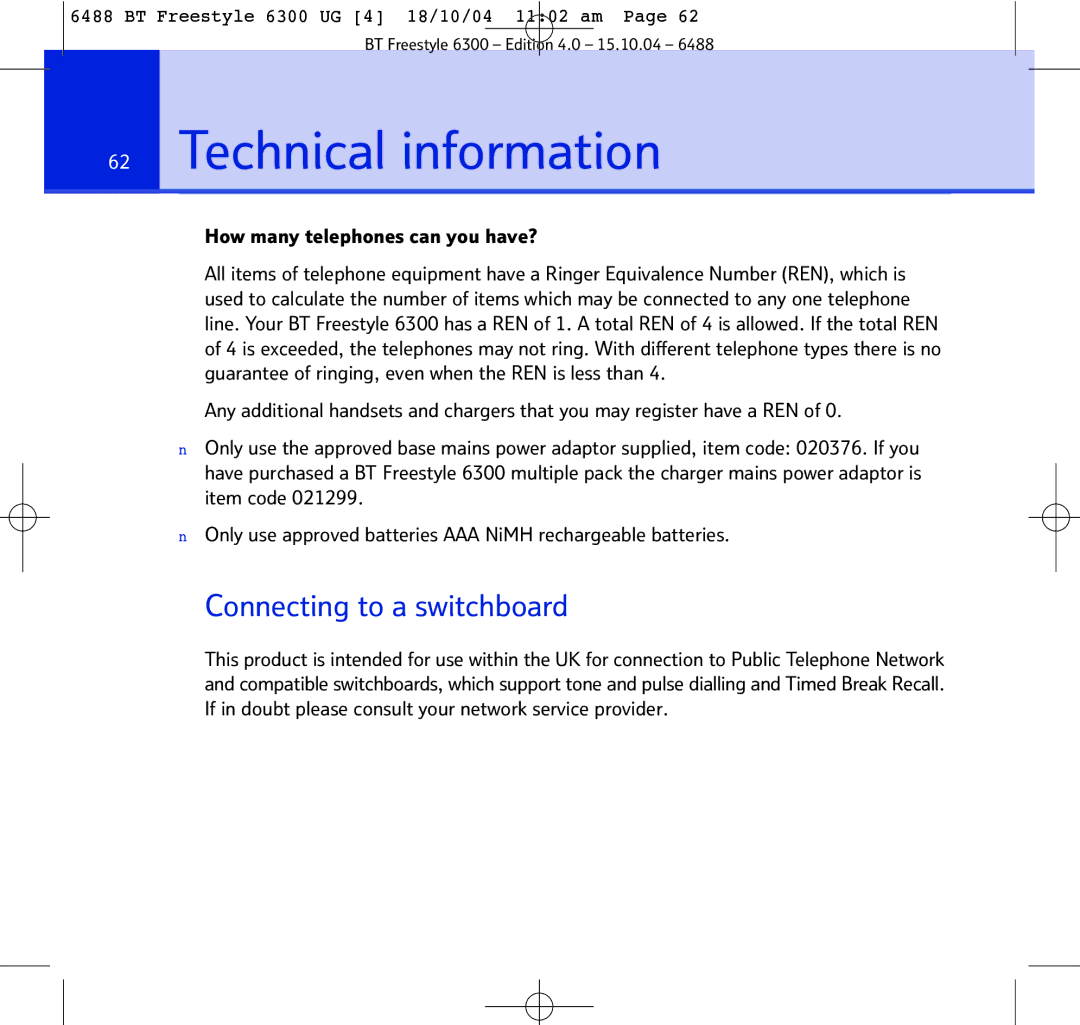 BT 6300 manual Technical information, Connecting to a switchboard, How many telephones can you have? 