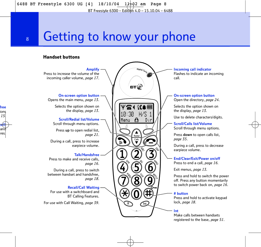 BT 6300 manual Getting to know your phone, Handset buttons 