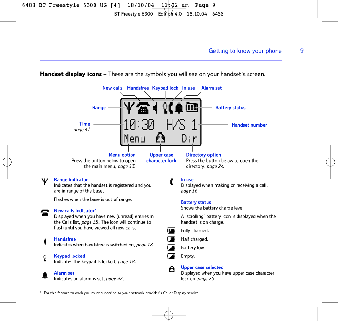 BT 6300 Menu option, Directory option, Press the button below to open, Main menu, Directory, Range indicator, Handsfree 