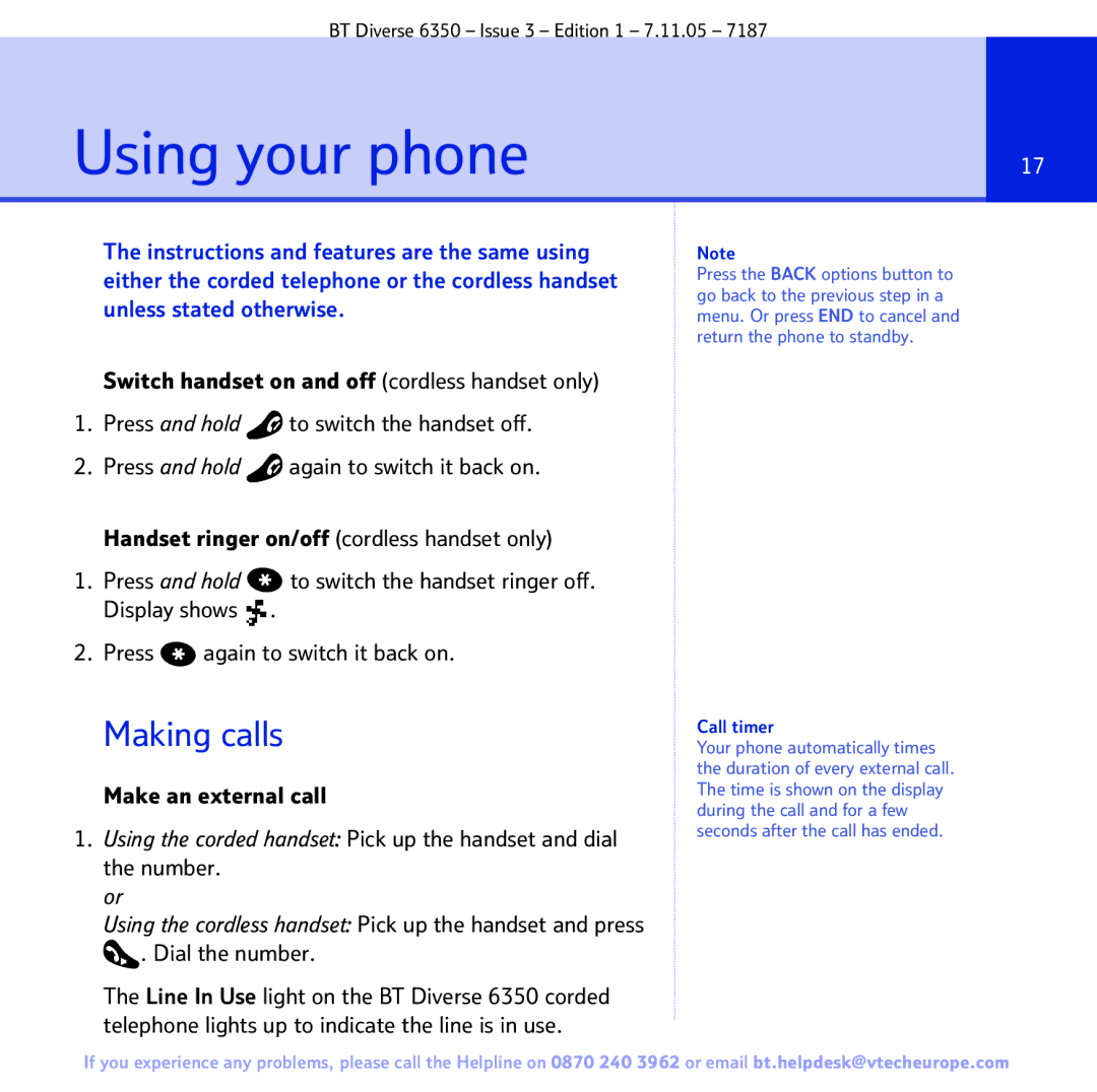 BT 6350 manual Using your phone, Making calls, Make an external call 