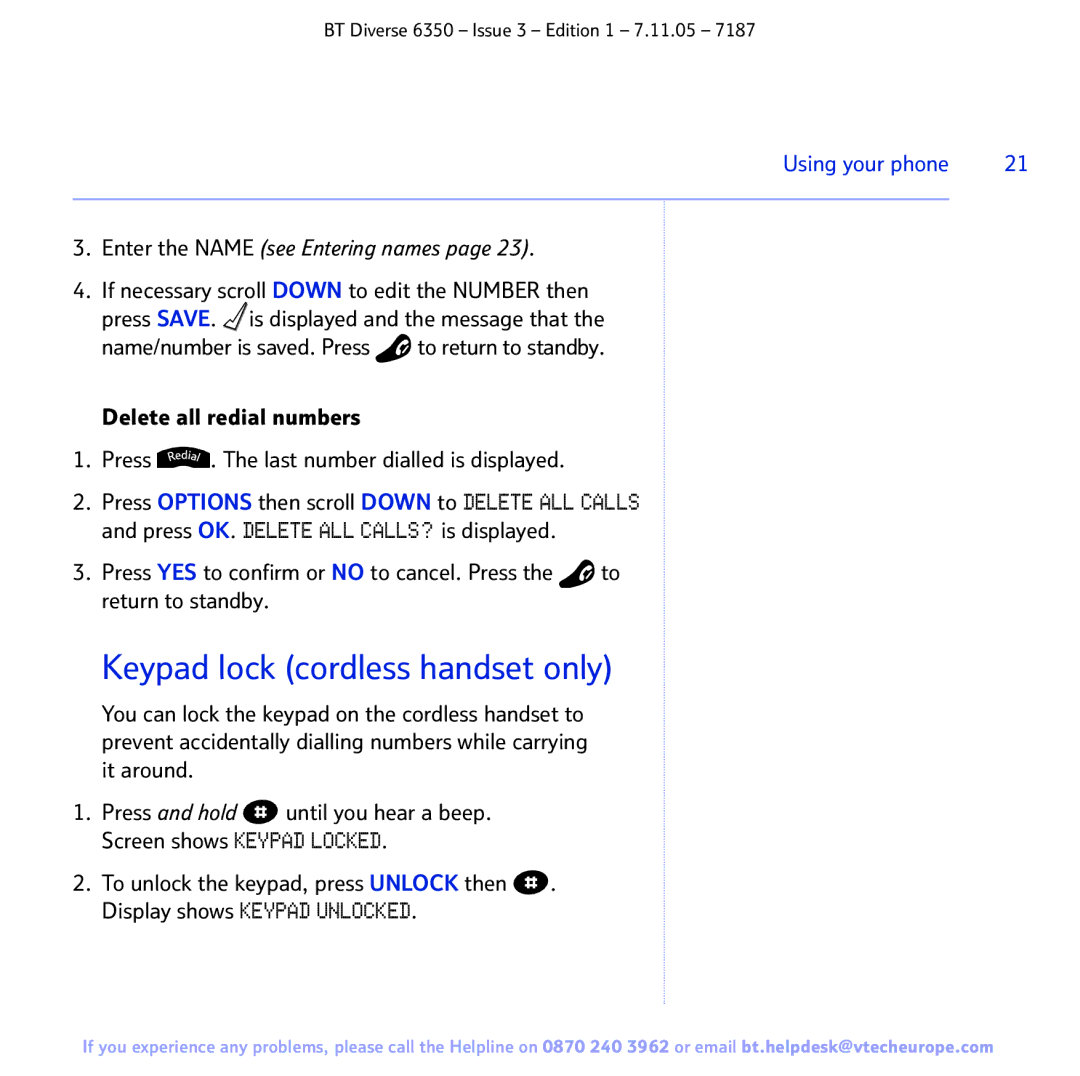 BT 6350 manual Keypad lock cordless handset only, Enter the Name see Entering names 