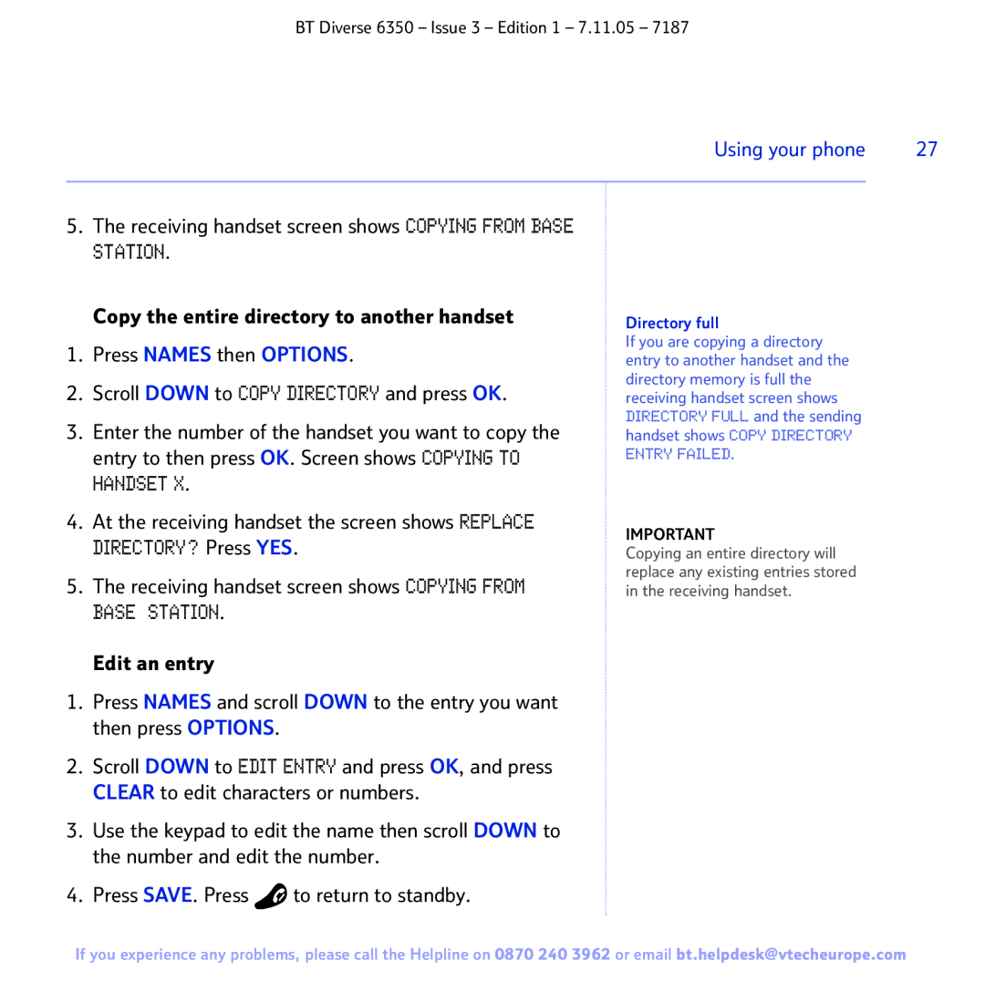 BT 6350 manual Press Names then Options, Directory full 